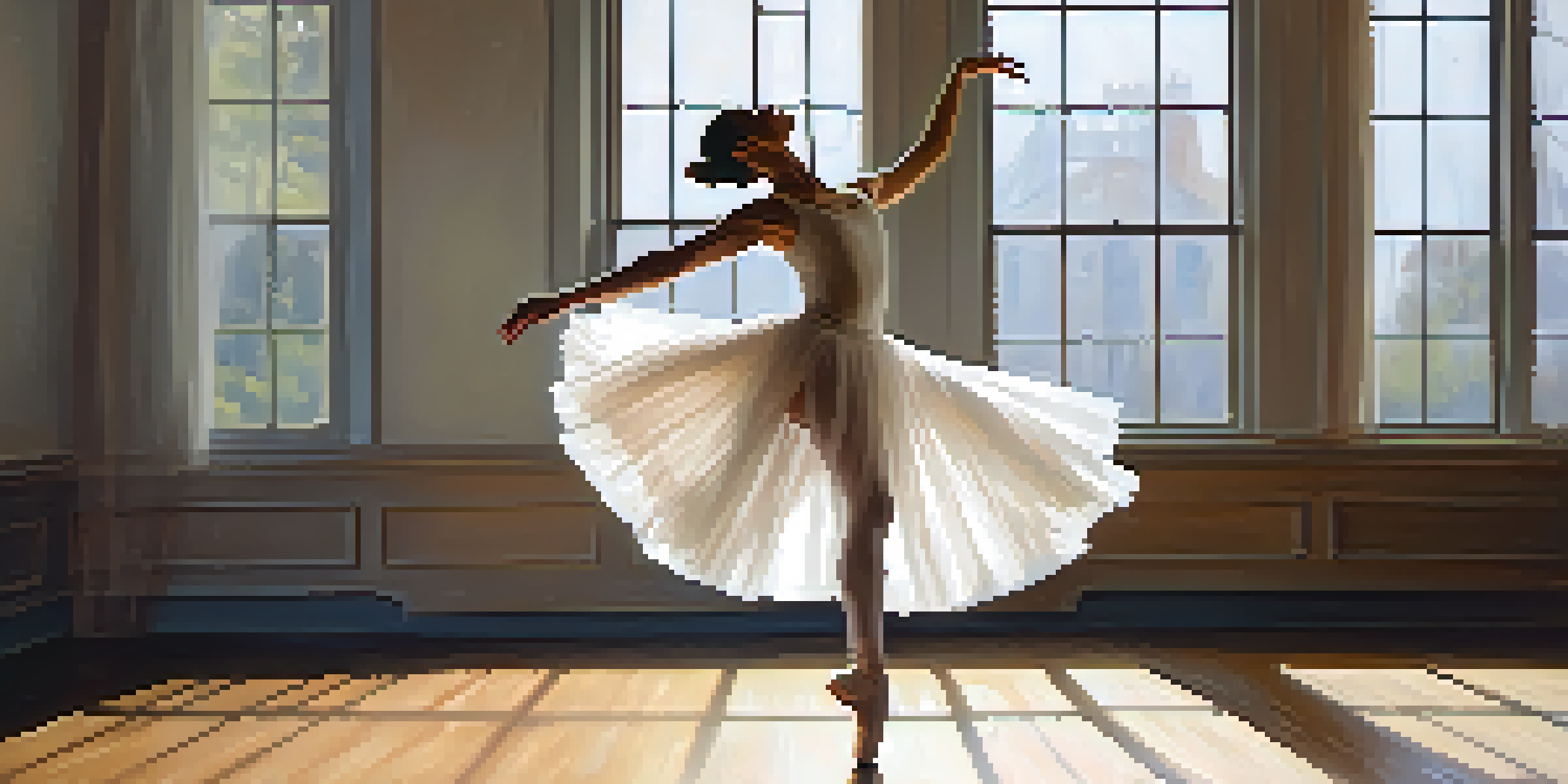 A ballet dancer leaping gracefully in a sunlit wooden studio, showcasing her tutu and focused expression.
