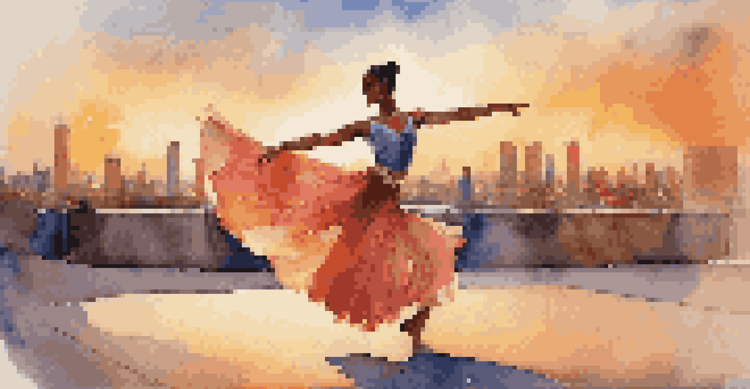 A male dancer in a traditionally feminine outfit performing against a vibrant sunset cityscape.