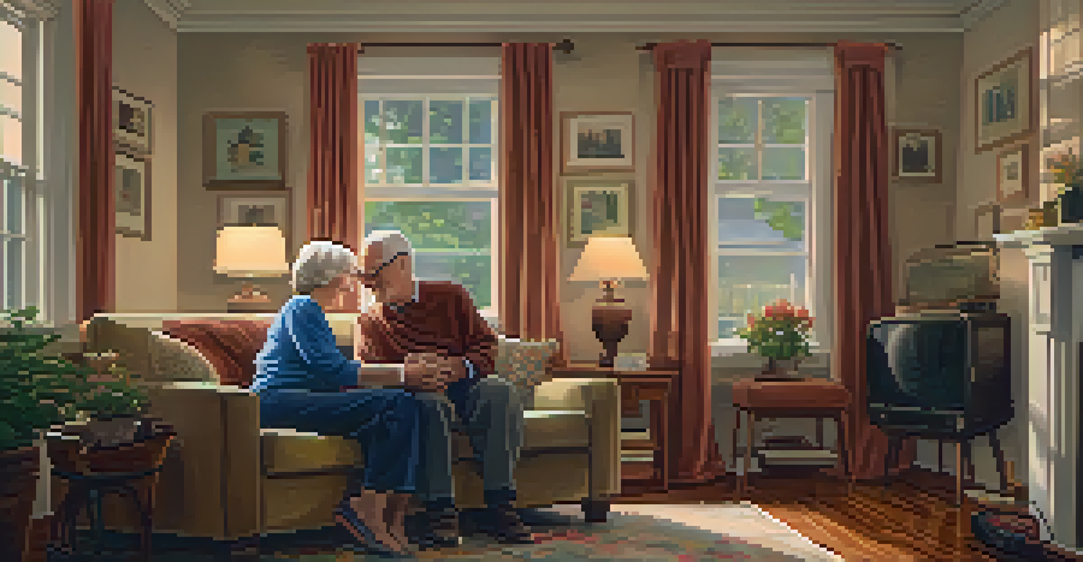 A senior couple dancing together in a cozy living room filled with warm lighting.
