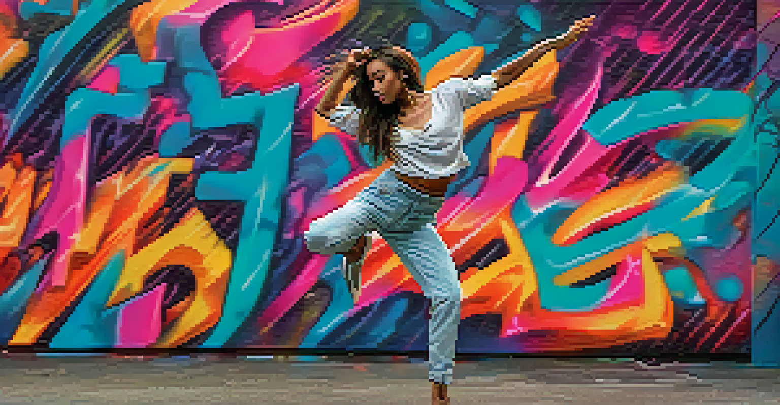 A solo dancer performing contemporary dance against a vibrant graffiti wall, with colorful lighting highlighting their movement.