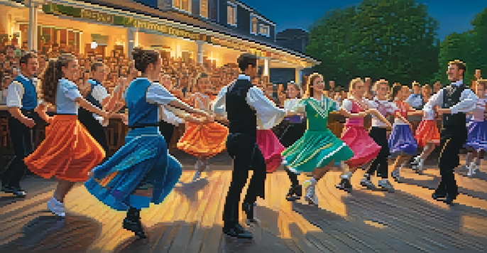 A group of dancers in colorful costumes performing traditional Irish dance on a stage, with a cheering crowd in the background, illuminated by warm evening light.