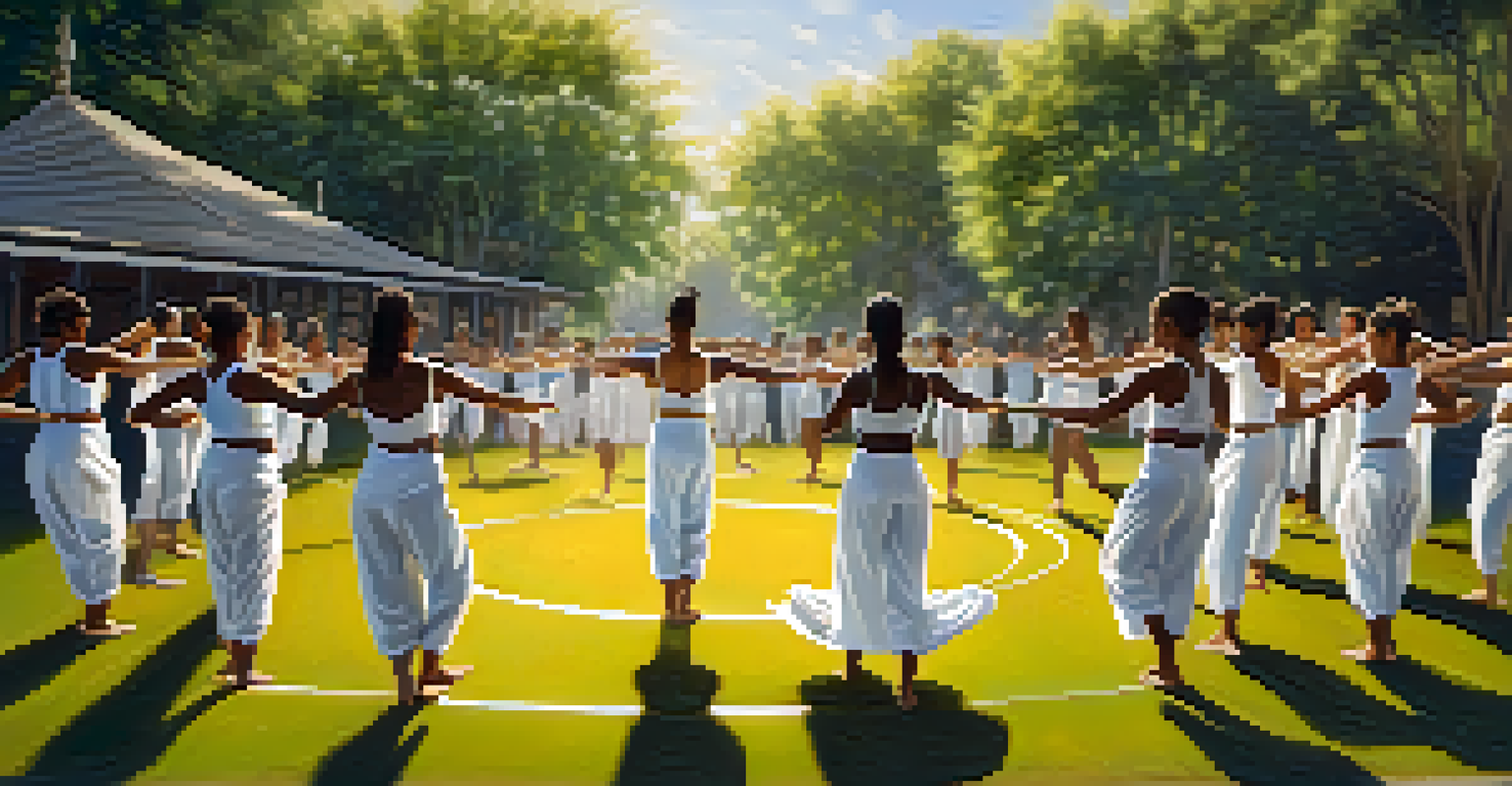 Participants practicing capoeira in a circular formation outdoors, showcasing the community and fluid movements of the dance.