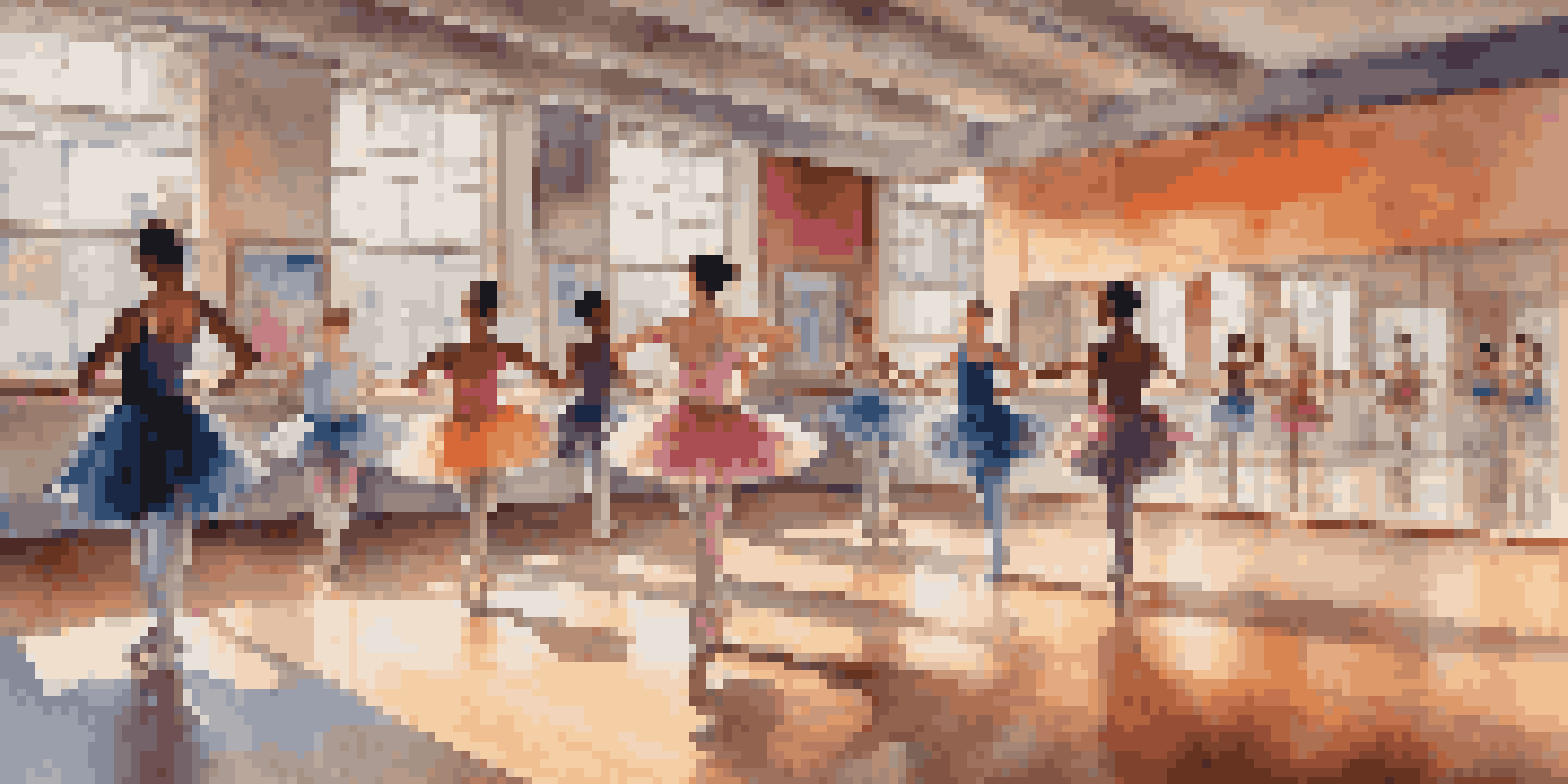 A bright dance studio with diverse dancers practicing ballet, hip-hop, and contemporary styles, with mirrors and colorful posters.