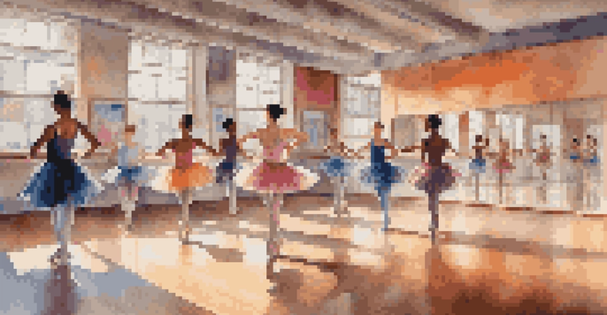 A bright dance studio with diverse dancers practicing ballet, hip-hop, and contemporary styles, with mirrors and colorful posters.