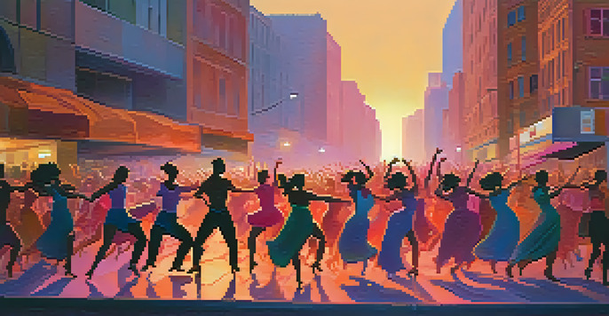 A lively dance scene in an urban environment with dancers in colorful costumes and a sunset backdrop.