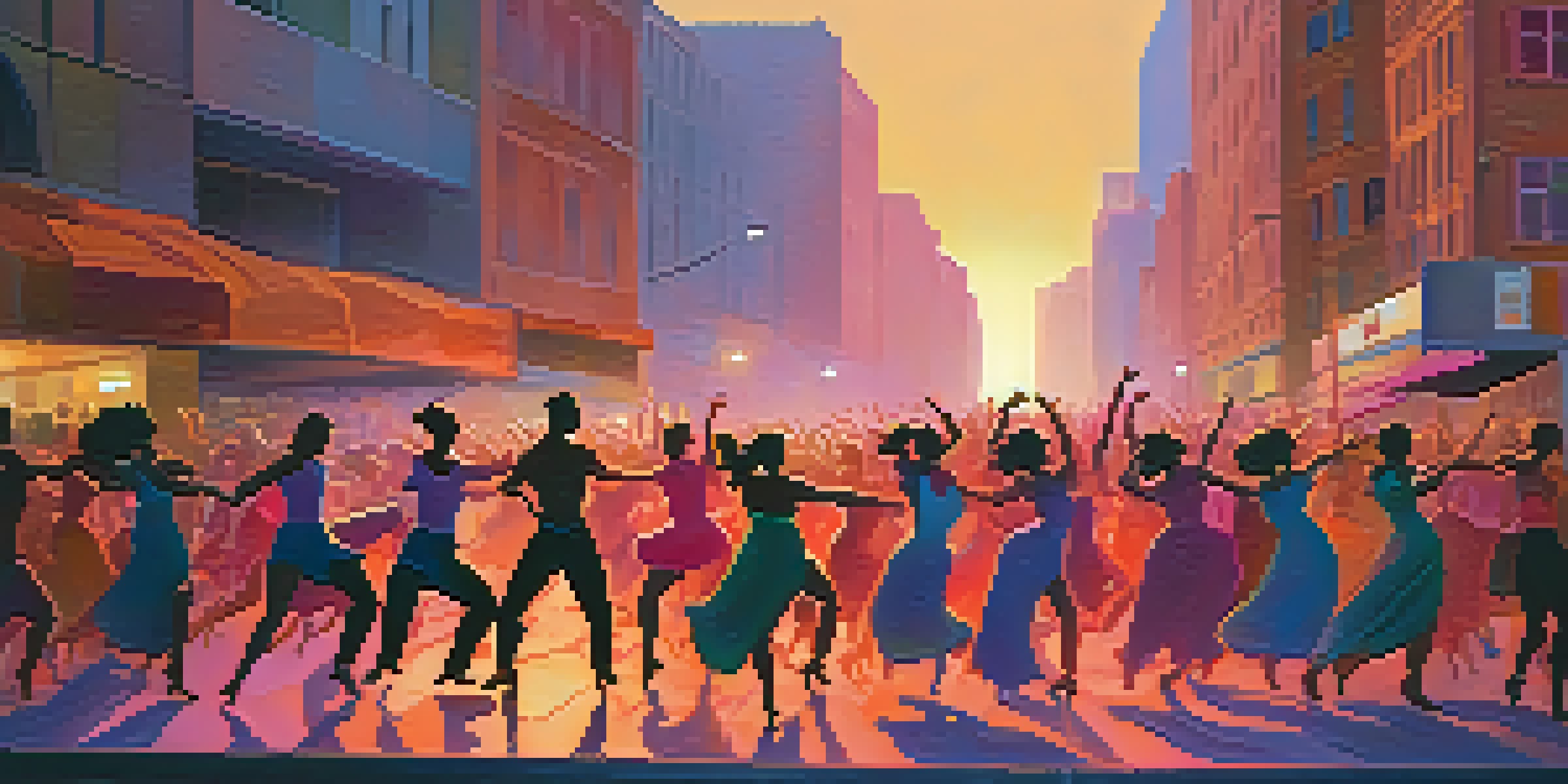 A lively dance scene in an urban environment with dancers in colorful costumes and a sunset backdrop.
