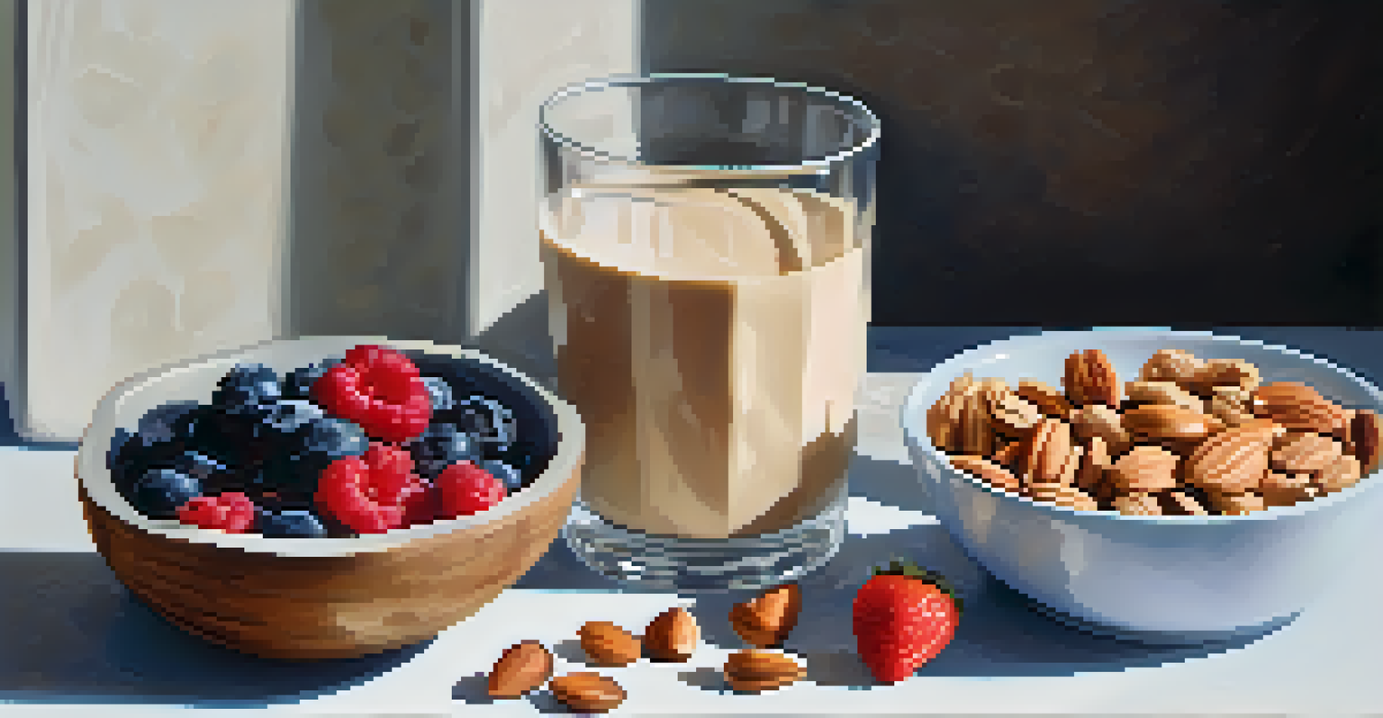A still life composition of healthy snacks for dancers, including nut butter packs, a bowl of dried fruits and nuts, Greek yogurt with berries, and a smoothie, all beautifully arranged.