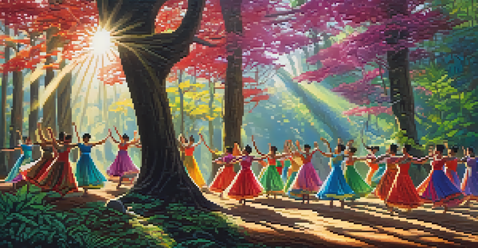 A group of dancers in colorful costumes performing traditional movements in a lush forest with sunlight filtering through the trees.