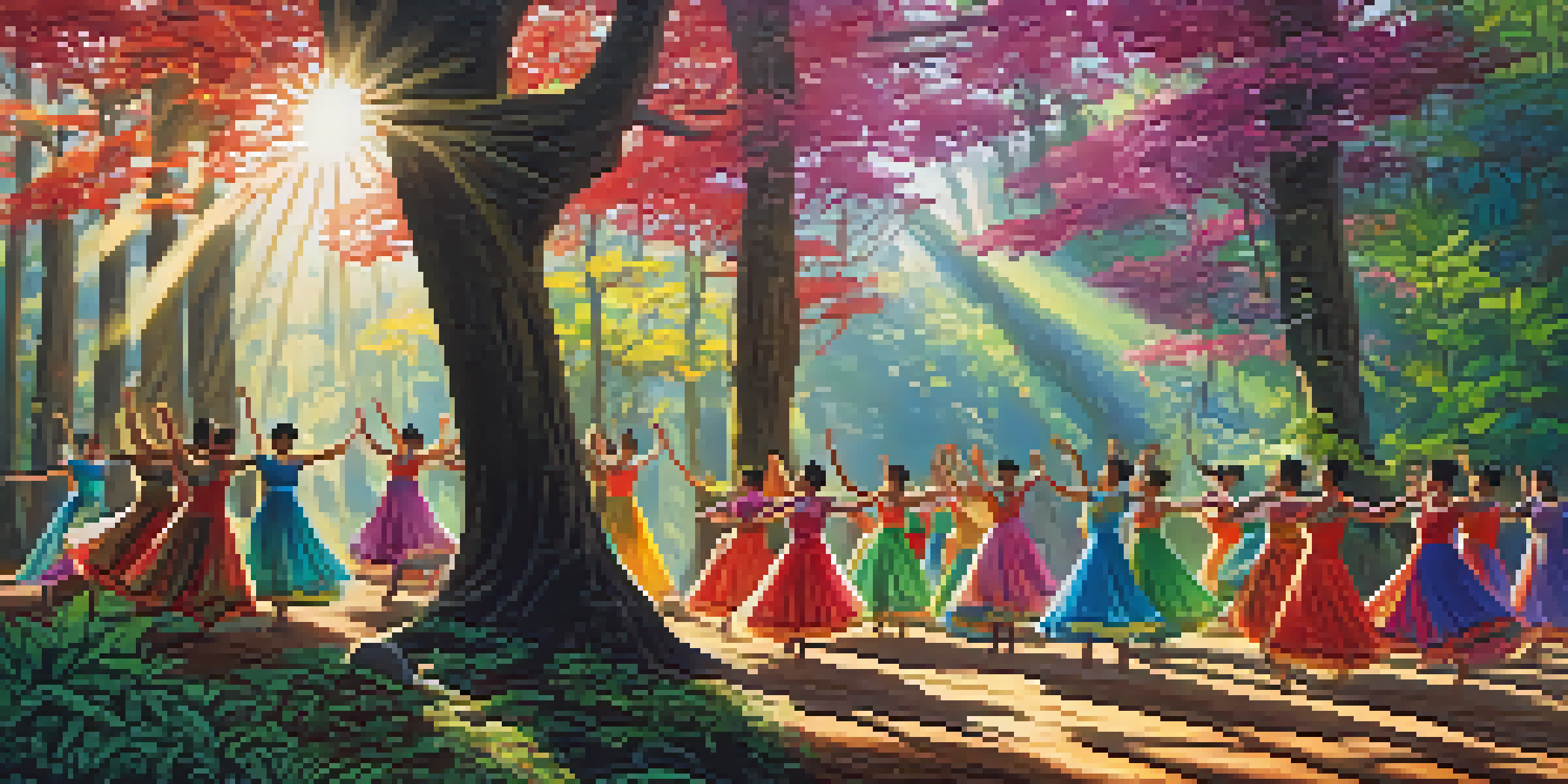 A group of dancers in colorful costumes performing traditional movements in a lush forest with sunlight filtering through the trees.