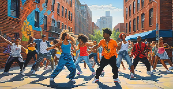 A group of diverse street dancers performing against a colorful graffiti background in an urban setting.