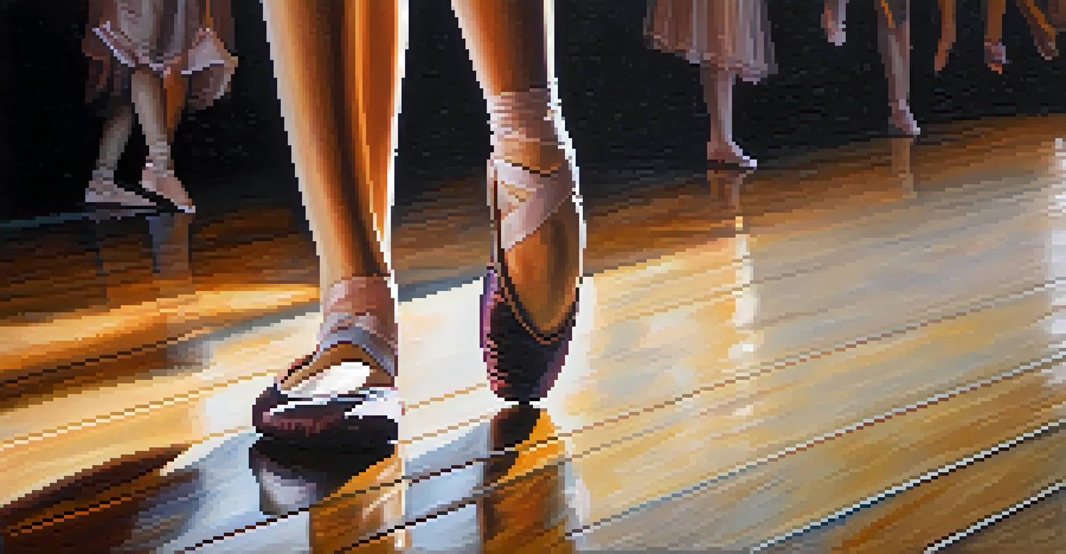 Close-up of a dancer's feet in ballet slippers on a wooden stage, with soft lighting and blurred dancers in the background.