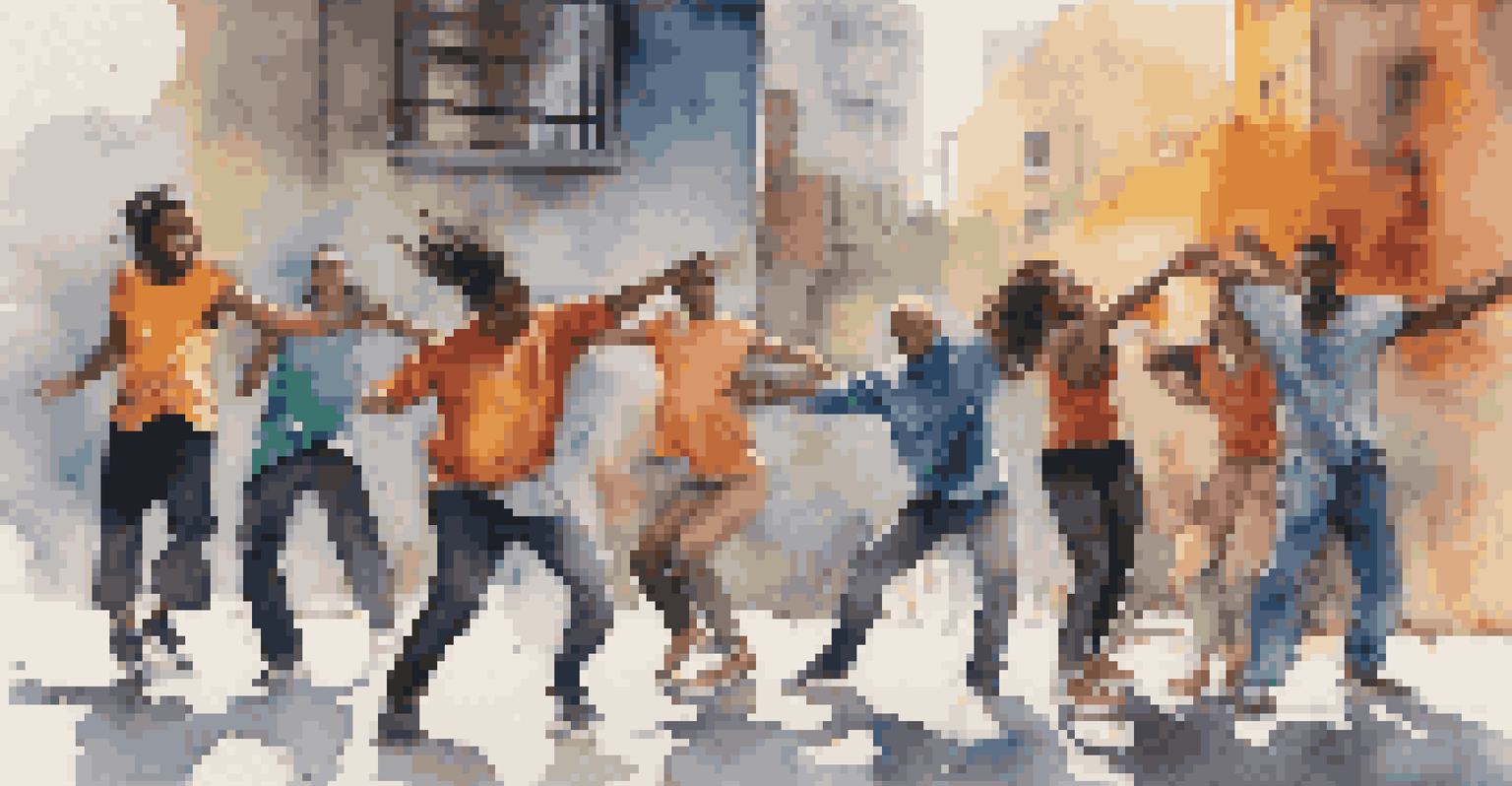 A diverse group of dancers improvising in an urban area, surrounded by colorful graffiti, showcasing various dance styles.