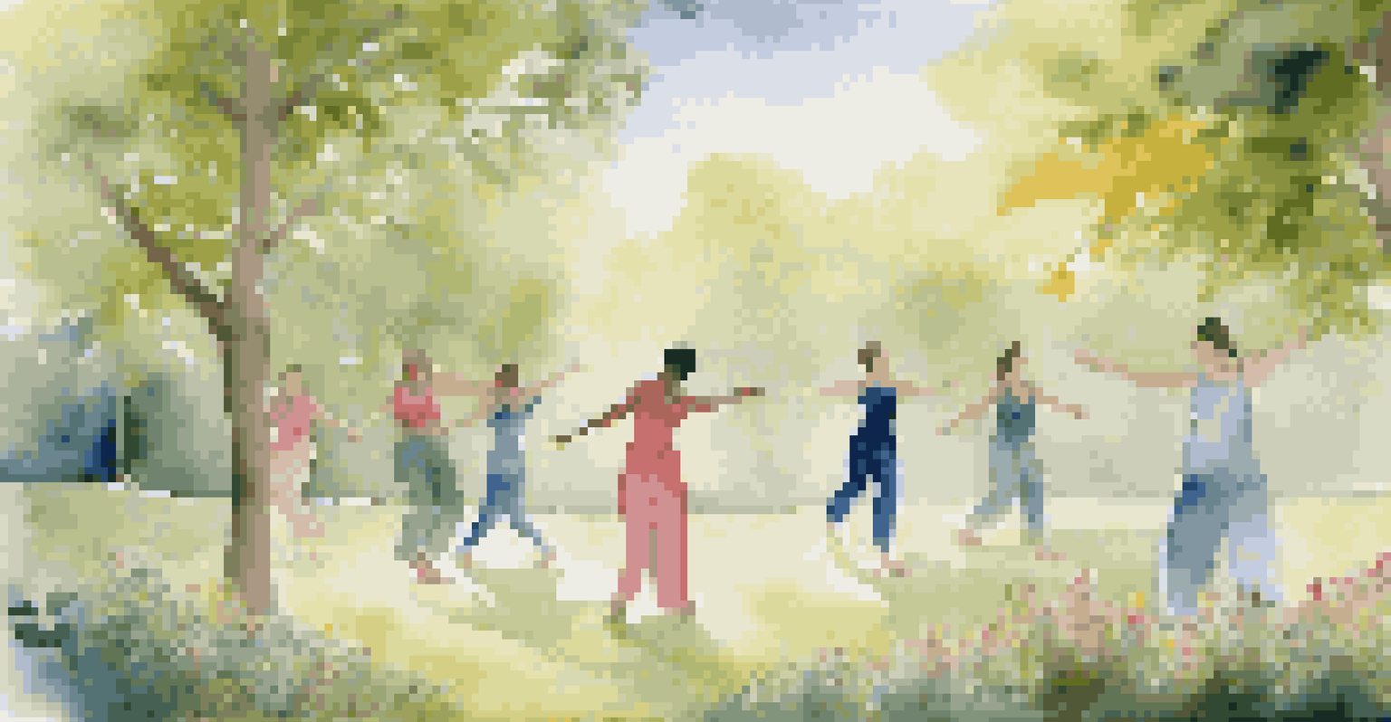 Participants practicing mindful movement in a serene outdoor environment during a dance therapy session.