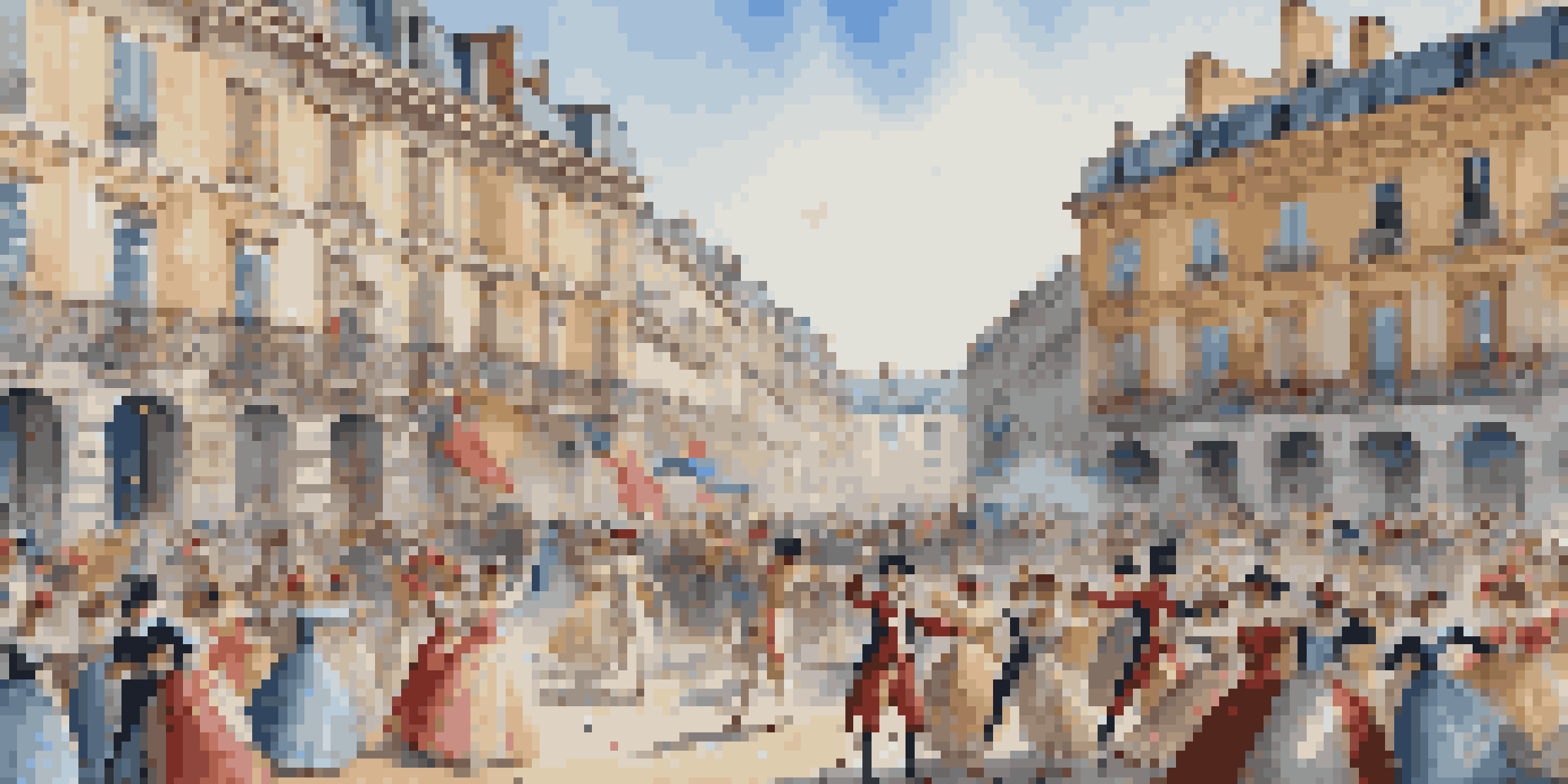 A diverse group of dancers performing the Carmagnole dance during the French Revolution, showcasing joy and unity in a public square.