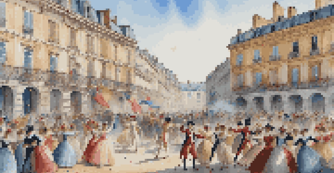 A diverse group of dancers performing the Carmagnole dance during the French Revolution, showcasing joy and unity in a public square.