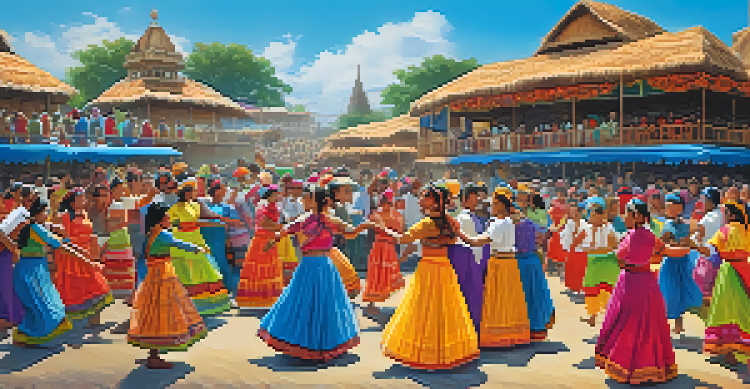 A community celebration with people dancing joyfully in traditional attire under a clear blue sky.