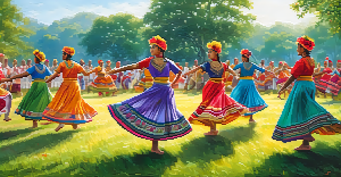 A group of traditional dancers in colorful costumes performing in a sunny field, with an audience watching and festive decorations in the background.