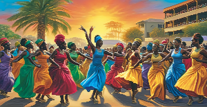A diverse group of dancers in colorful costumes performing a traditional African dance outdoors at sunset, showcasing dynamic movements and a joyful atmosphere.