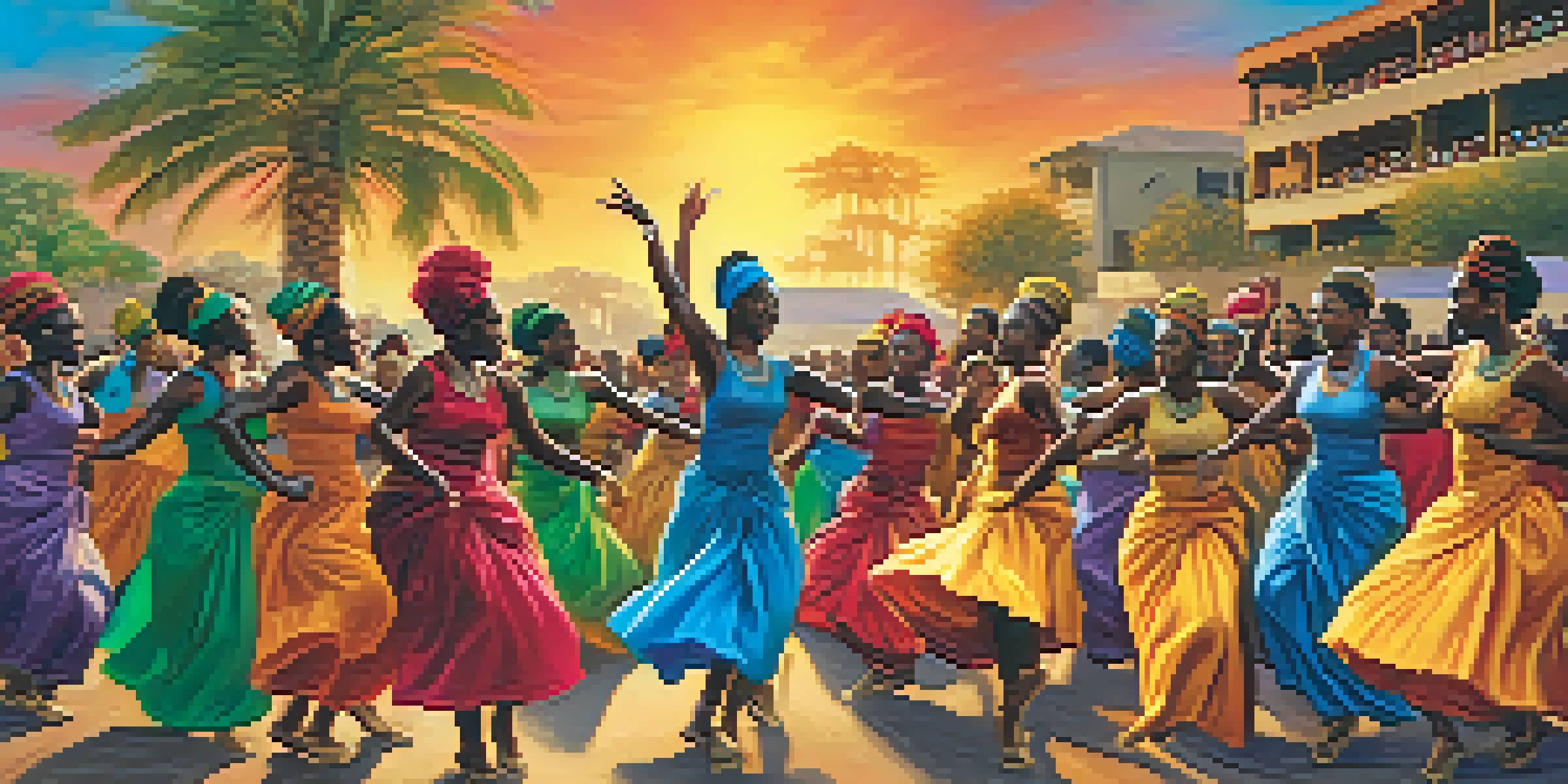 A diverse group of dancers in colorful costumes performing a traditional African dance outdoors at sunset, showcasing dynamic movements and a joyful atmosphere.