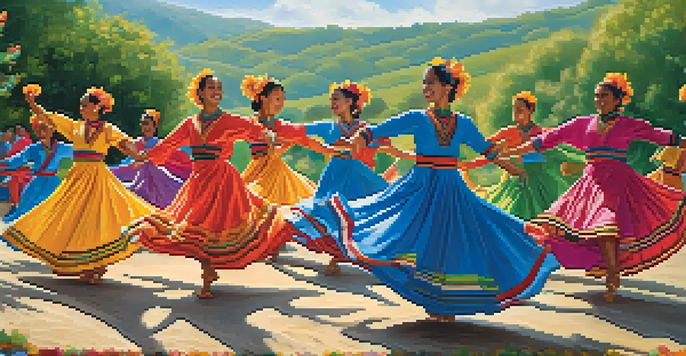 A lively outdoor scene with a diverse group of dancers in colorful traditional costumes, expressing joy in their movements against a lush green backdrop.