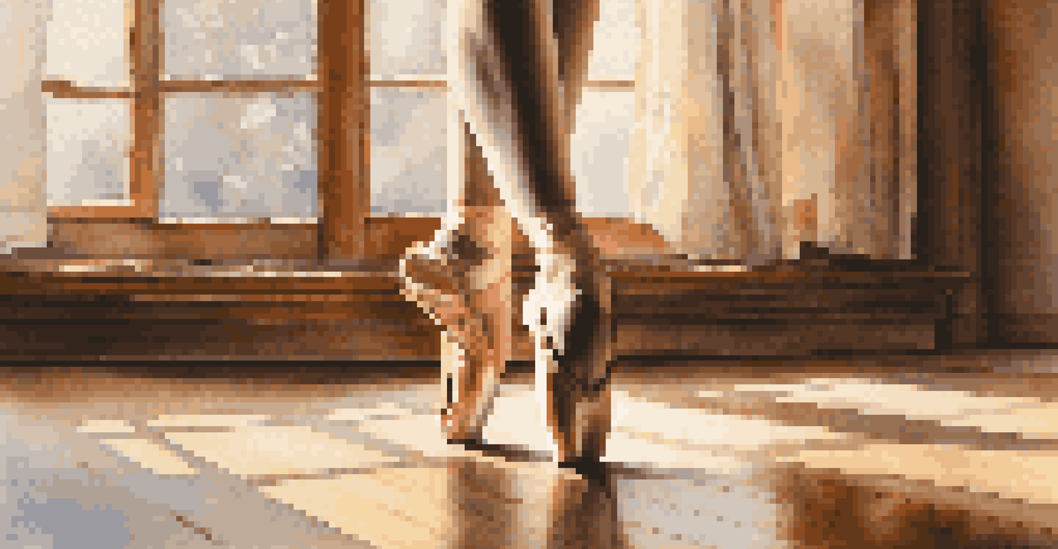 A close-up of a dancer's feet in ballet shoes on a wooden dance studio floor, with sunlight reflecting through a window.