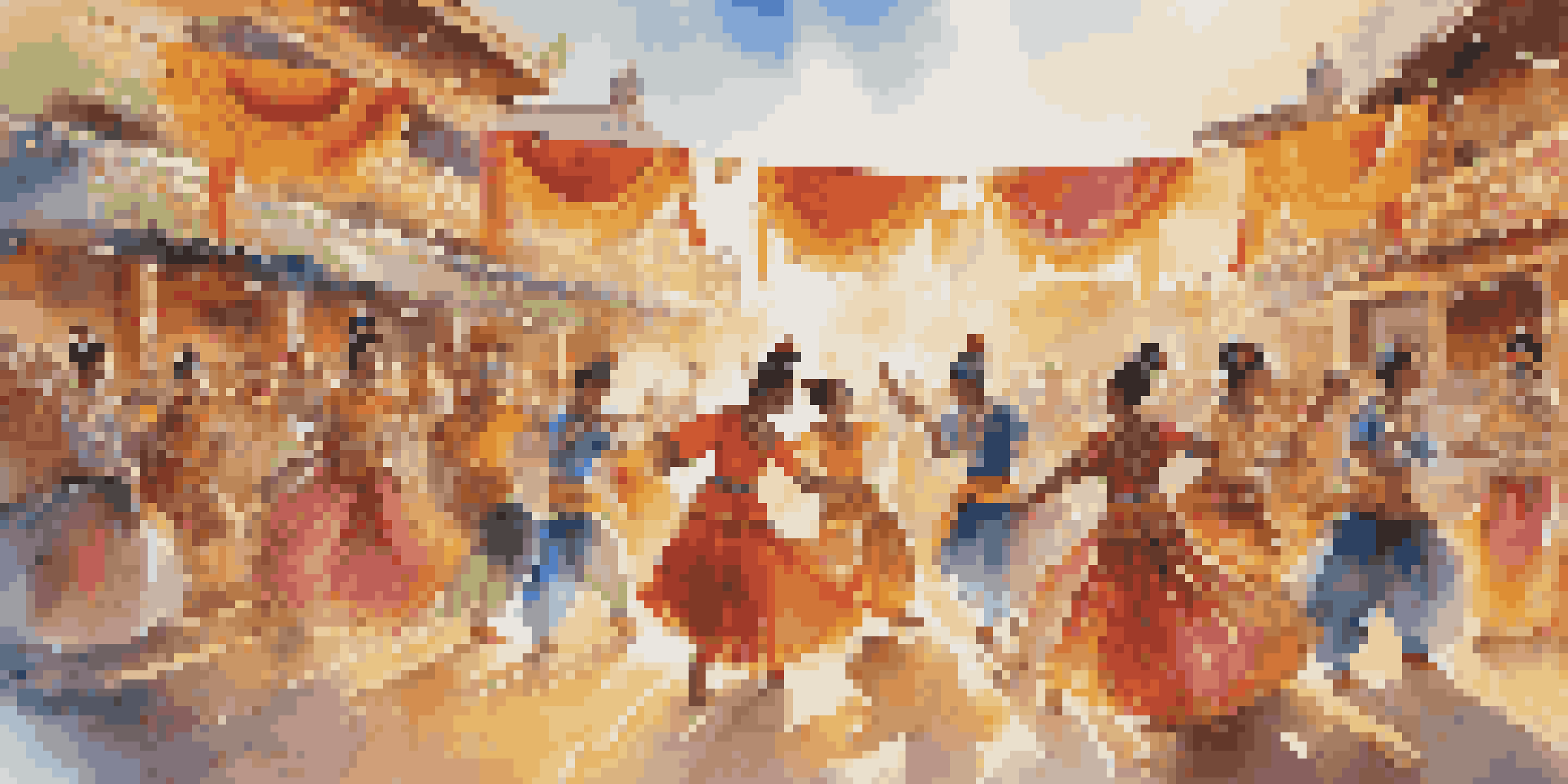 A scene from a dance festival with diverse dancers in colorful traditional costumes performing on stage, surrounded by an enthusiastic audience and decorated with colorful banners.