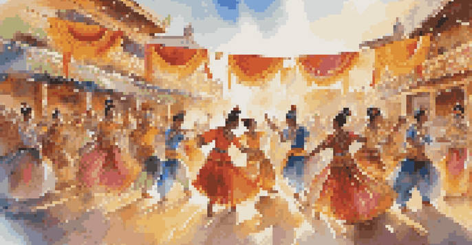 A scene from a dance festival with diverse dancers in colorful traditional costumes performing on stage, surrounded by an enthusiastic audience and decorated with colorful banners.