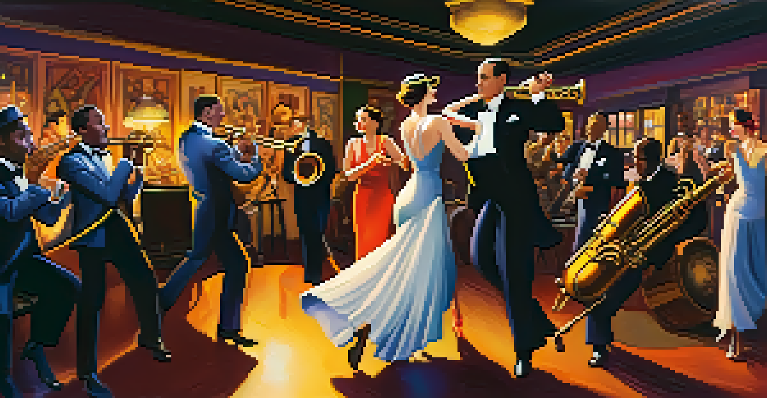 A lively jazz band performing in a vibrant speakeasy with colorful lights, and elegantly dressed dancers moving to the rhythm.
