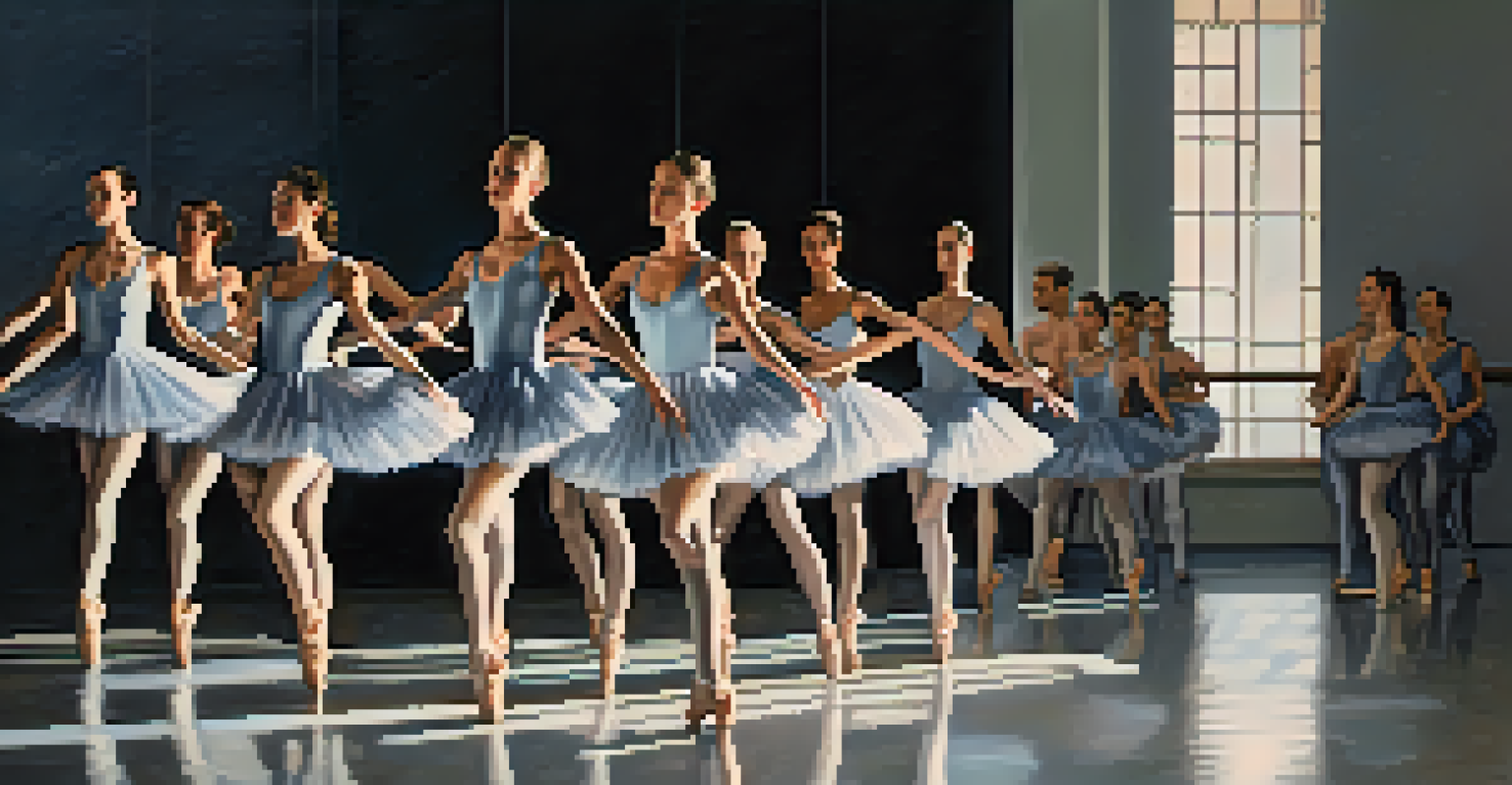 Contemporary ballet dancers in minimalist costumes performing on stage with dynamic lighting.