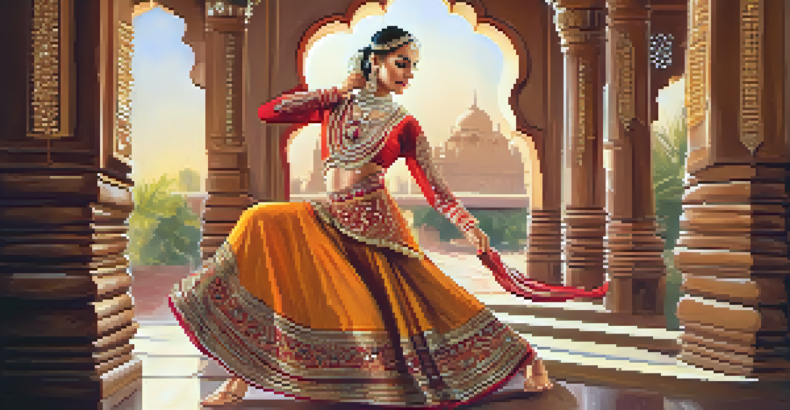 A Kathak dancer in an ornate costume performing in a traditional Indian setting, with soft lighting highlighting her graceful movements.