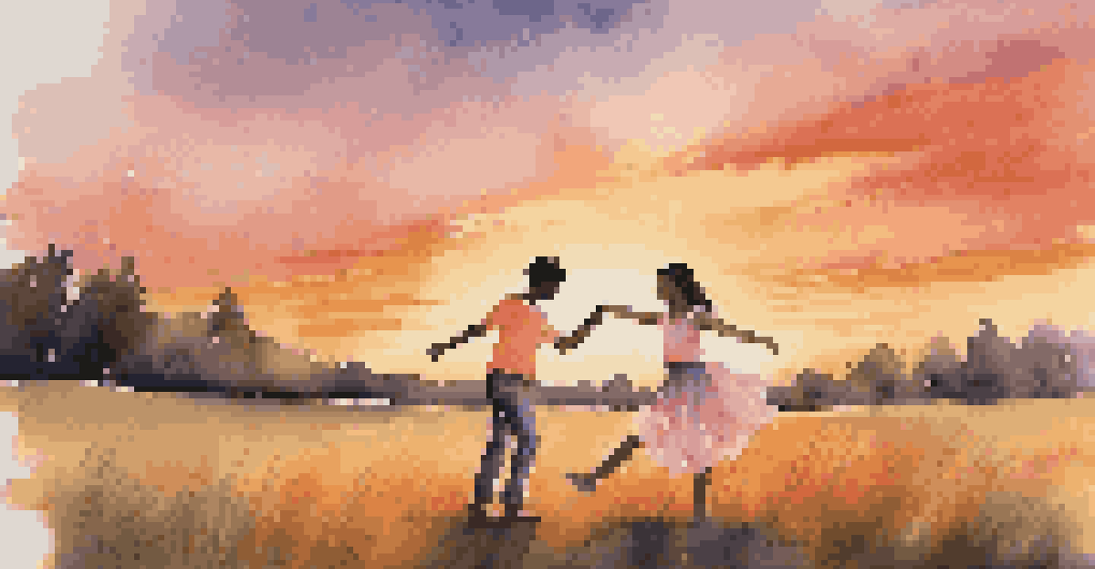 Two teenagers dancing together in a park at sunset, radiating joy and connection.