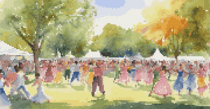 An outdoor dance event in a park with diverse dancers performing and spectators enjoying the performance.