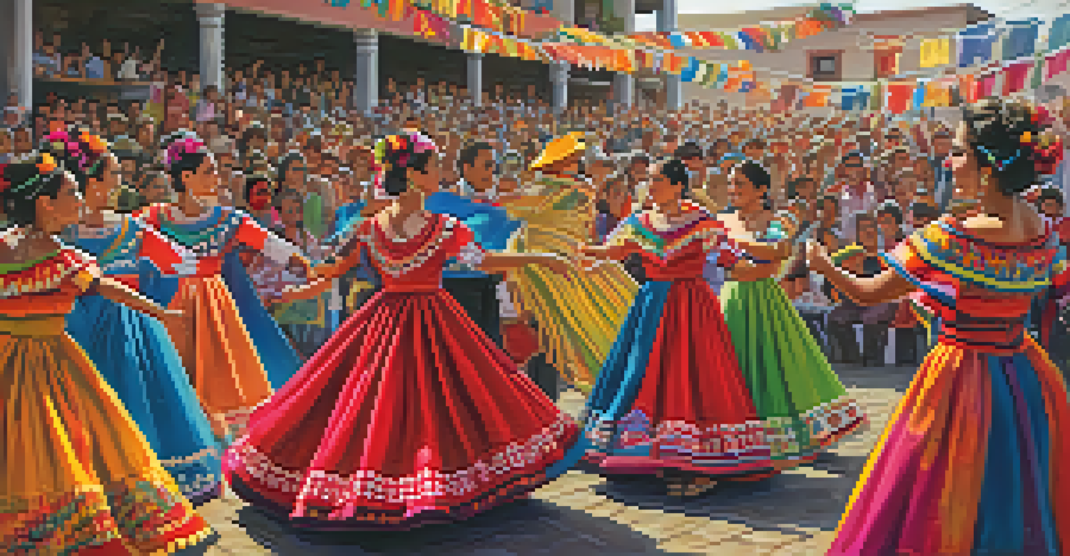 Dancers in traditional Mexican folkloric costumes performing at a vibrant festival with an engaged audience.