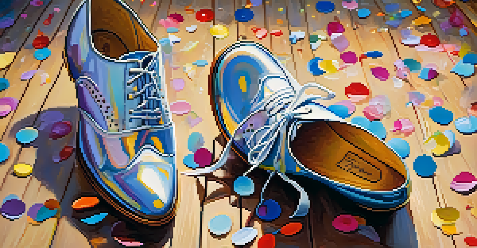 A close-up of stylish dancing shoes on a polished wooden floor, surrounded by colorful confetti.
