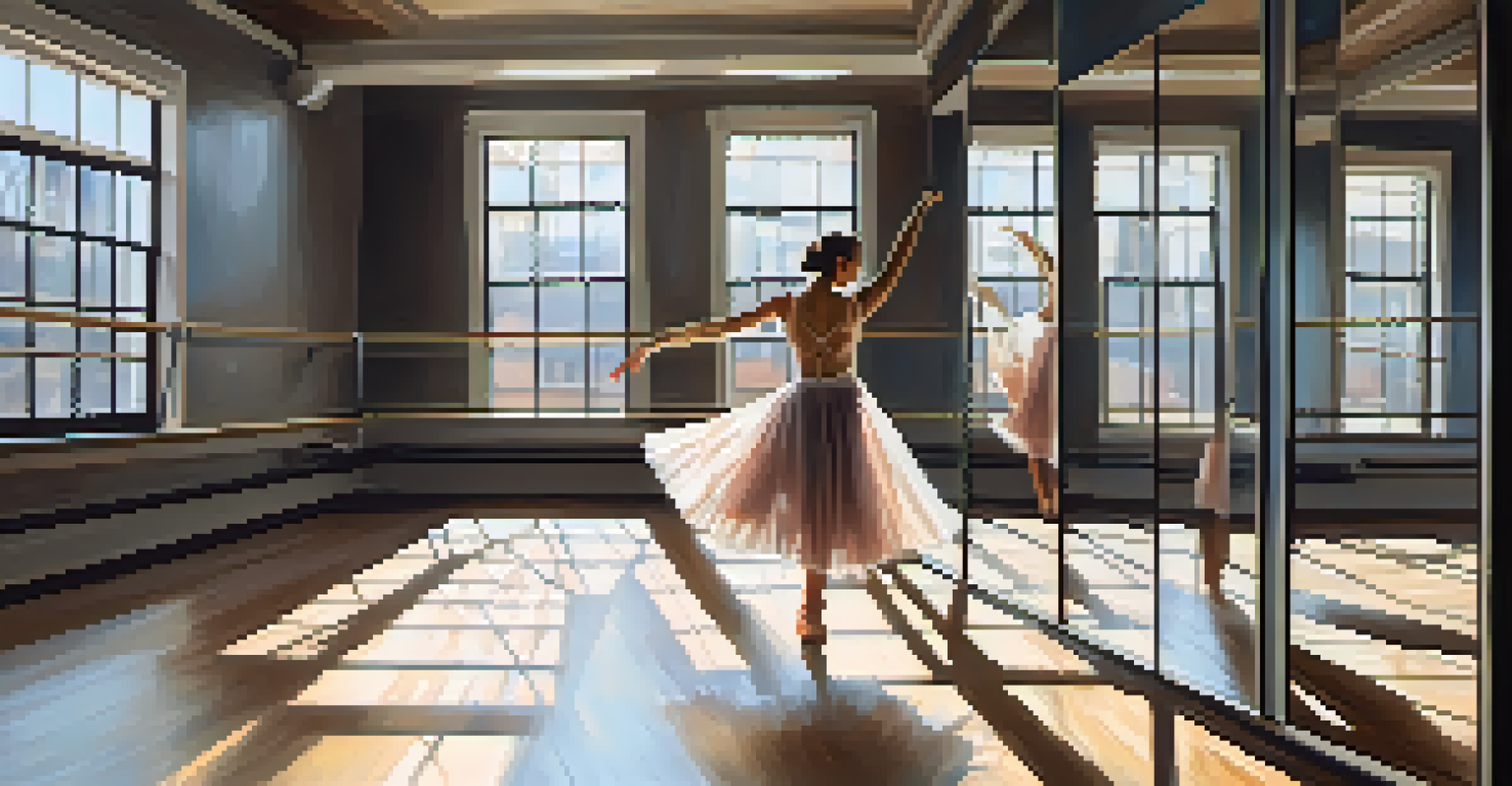 A woman practicing ballet in a sunlit dance studio with mirrors and wooden floors.