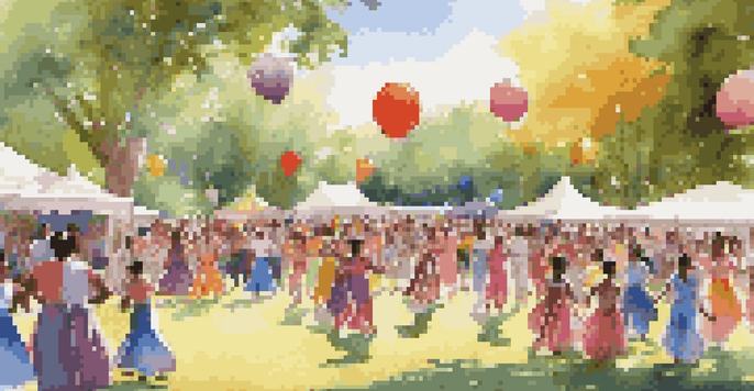 A lively community dance festival in a park, featuring dancers in colorful costumes and an audience enjoying the performance under sunlight.