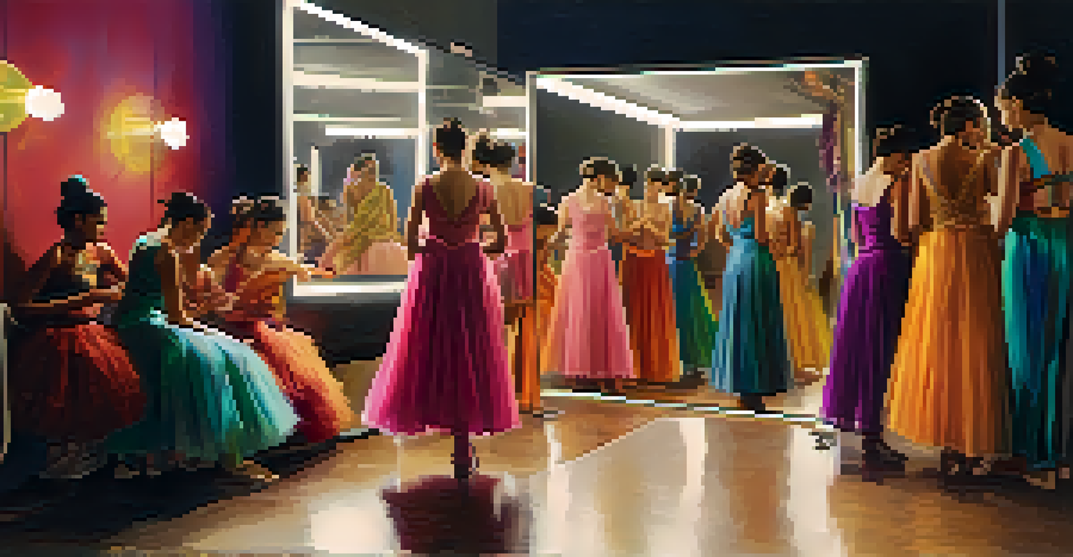 A diverse group of dancers backstage, applying makeup and adjusting colorful costumes, with a warm ambient light.