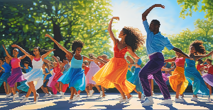 A group of diverse dancers performing in a sunny urban park, surrounded by greenery and vibrant colors.