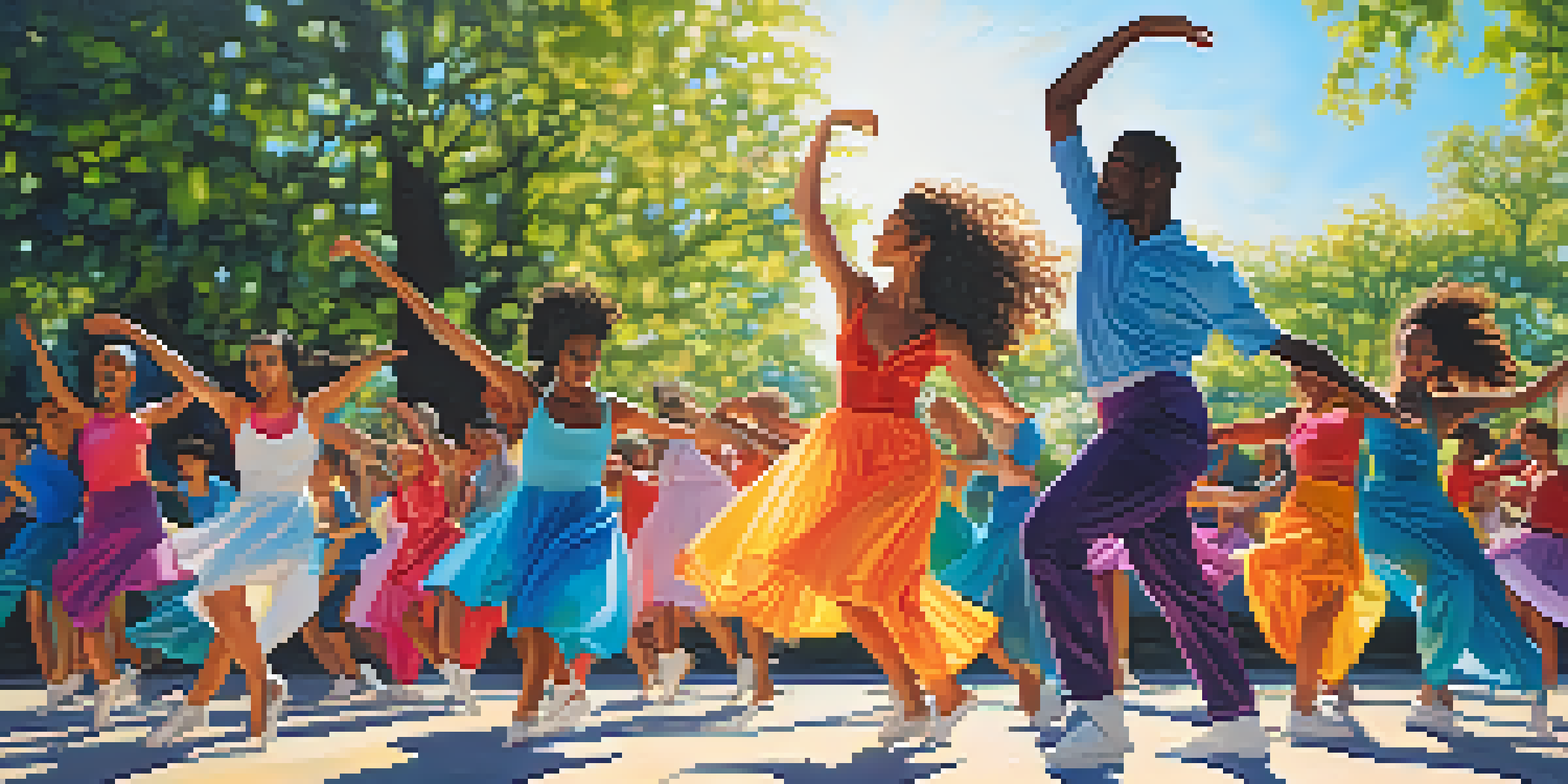 A group of diverse dancers performing in a sunny urban park, surrounded by greenery and vibrant colors.