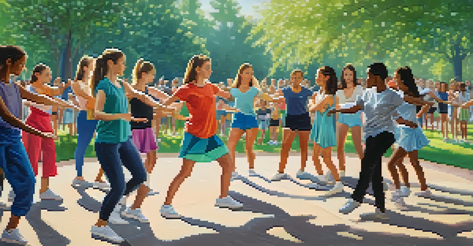 An outdoor dance workshop in a park with students of all ages learning from an instructor, surrounded by greenery and sunlight.