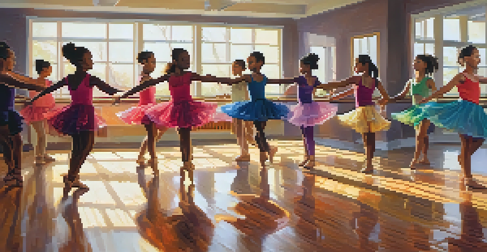A bright dance studio with diverse dancers practicing joyfully, reflecting in large mirrors, with a warm wooden floor and colorful attire.