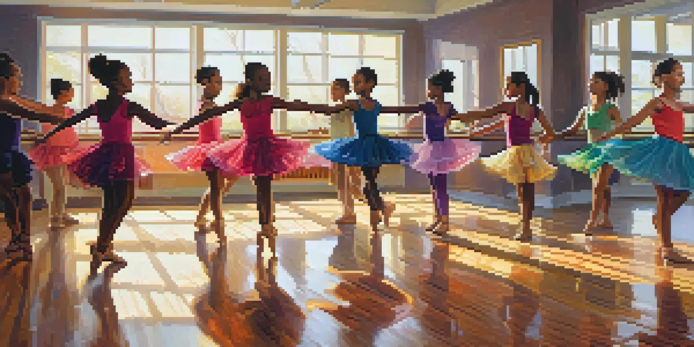A bright dance studio with diverse dancers practicing joyfully, reflecting in large mirrors, with a warm wooden floor and colorful attire.