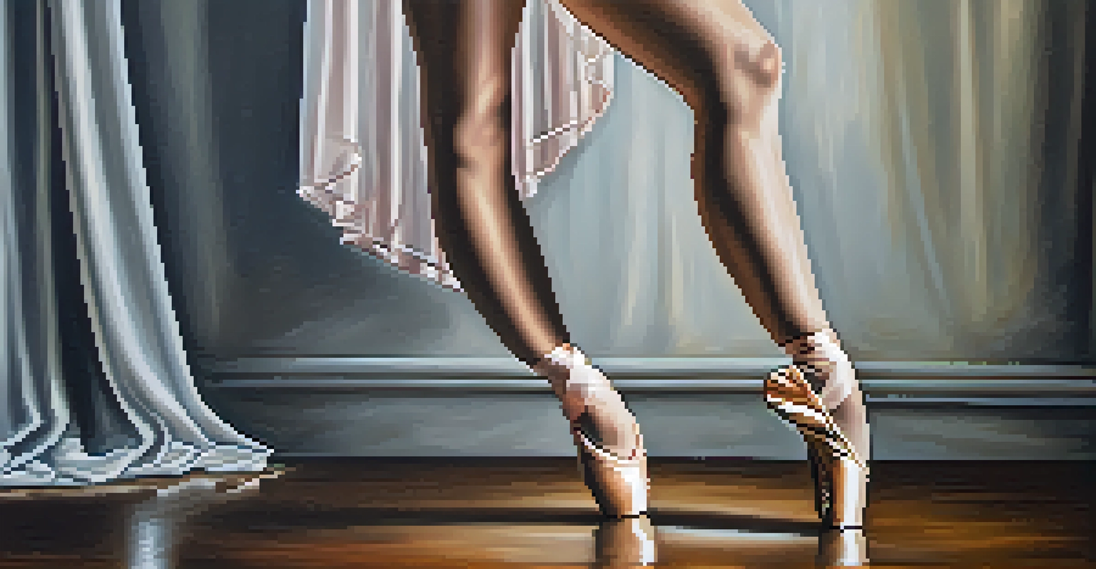 A close-up of a ballerina's feet in pointe shoes on a polished stage, surrounded by soft lighting and delicate drapes, emphasizing grace and strength in ballet.