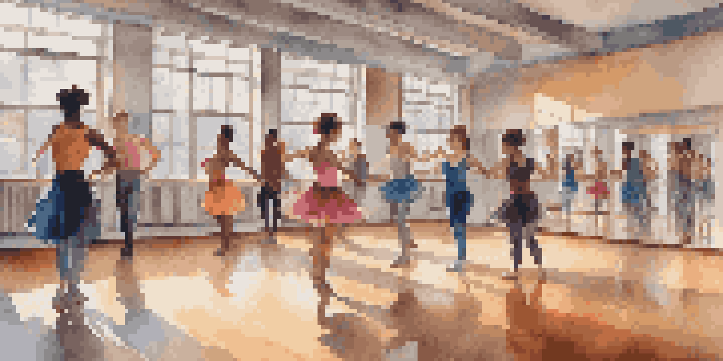 A lively dance studio with students of different gender identities dancing and expressing themselves, illuminated by natural light.