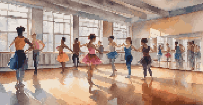 A lively dance studio with students of different gender identities dancing and expressing themselves, illuminated by natural light.