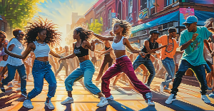 A lively group of diverse dancers performing in an urban setting, surrounded by colorful graffiti and bright sunlight casting shadows.