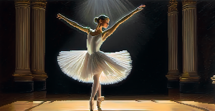 A ballet dancer performing a pirouette on stage with a spotlight shining on her, wearing a white tutu.