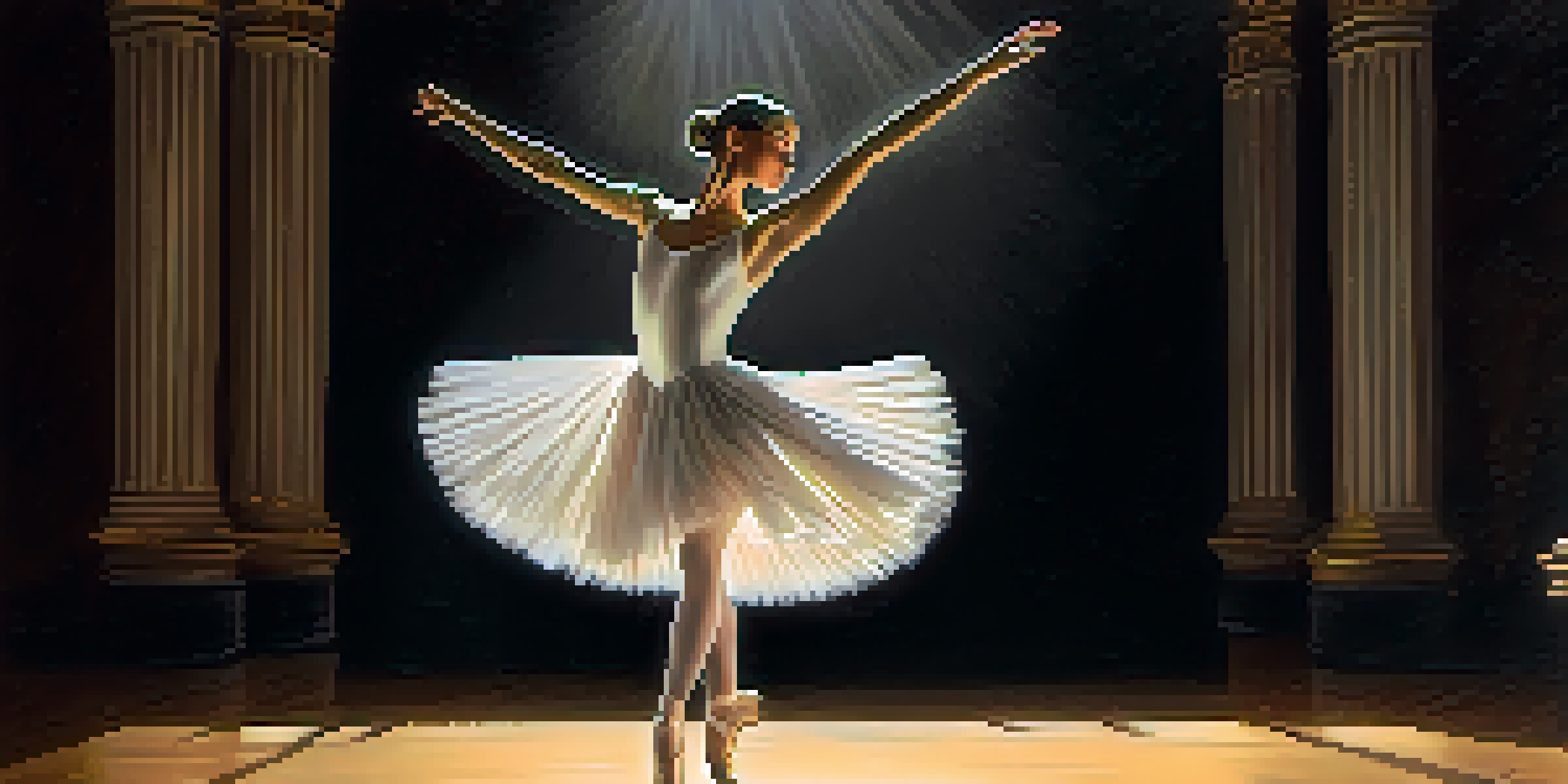 A ballet dancer performing a pirouette on stage with a spotlight shining on her, wearing a white tutu.