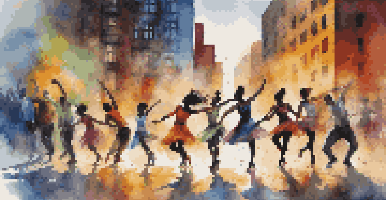 A diverse group of dancers performing in an urban setting with colorful lighting and street art.