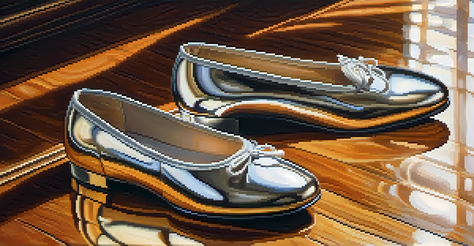 A close-up of stylish dance shoes on a polished wooden floor, reflecting their intricate details in warm light.